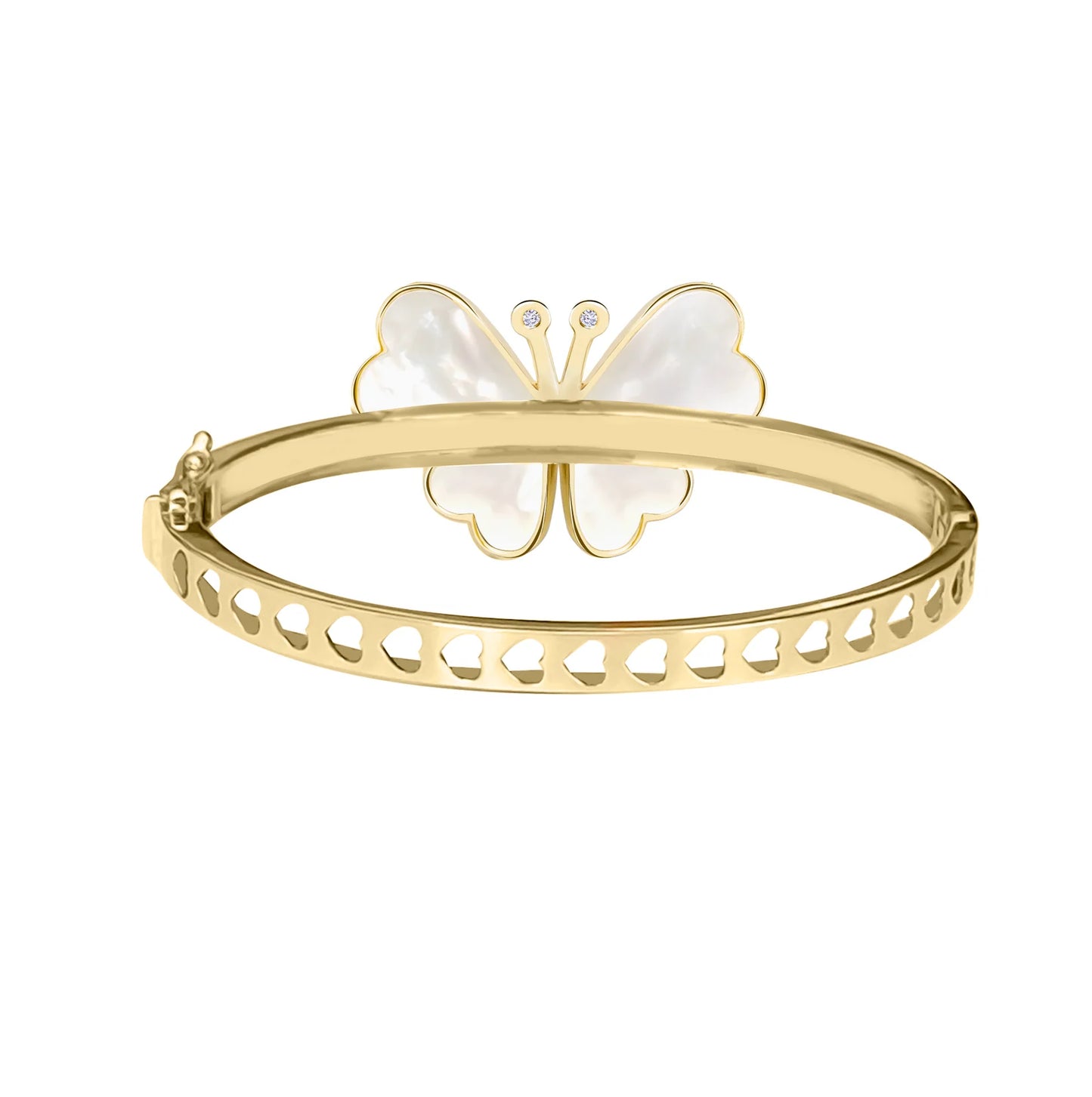 Gold bracelet with a butterfly charm on a white background