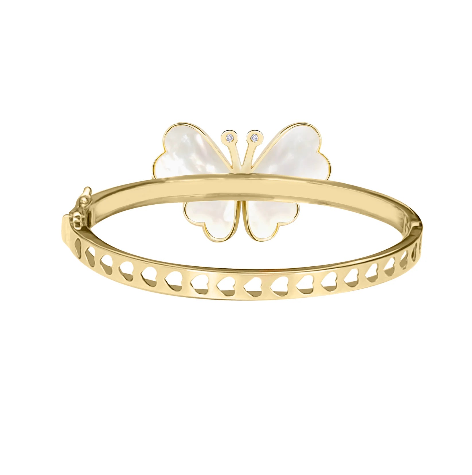Gold bracelet with a butterfly charm on a white background