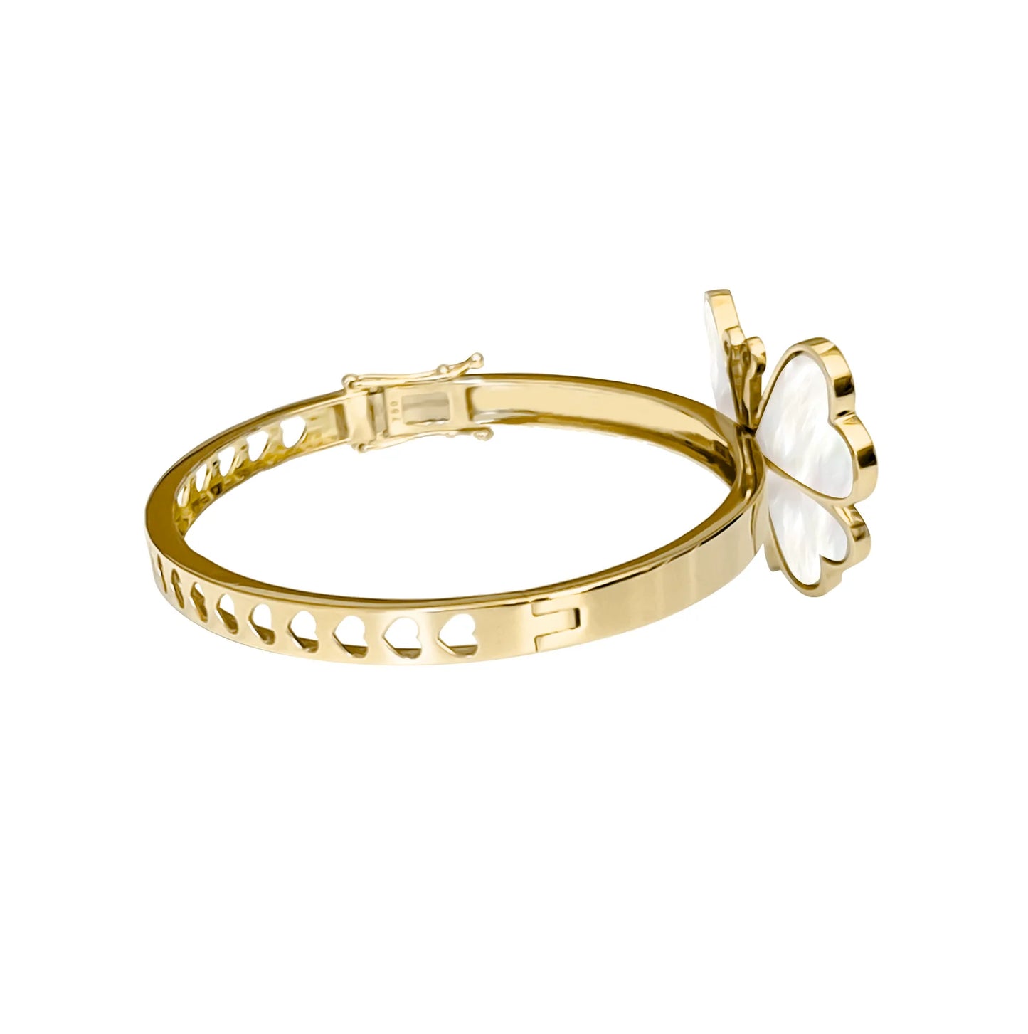 Gold bracelet with a white butterfly charm on a white background