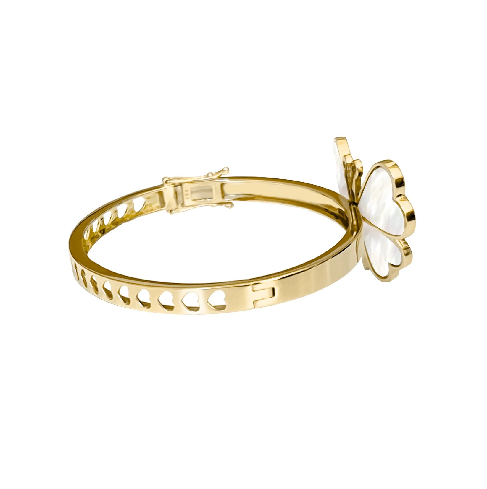 Gold bracelet with a white butterfly charm on a white background
