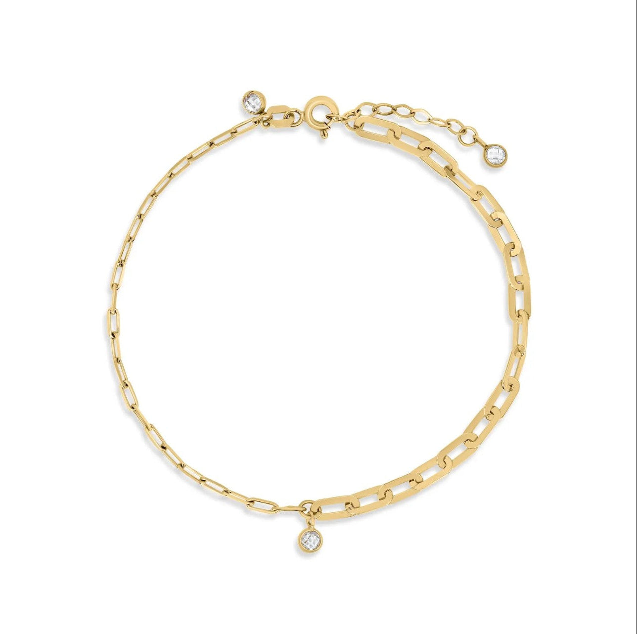 Gold bracelet with diamond charms on a white background