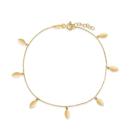 Gold bracelet with leaf-shaped charms on a white background