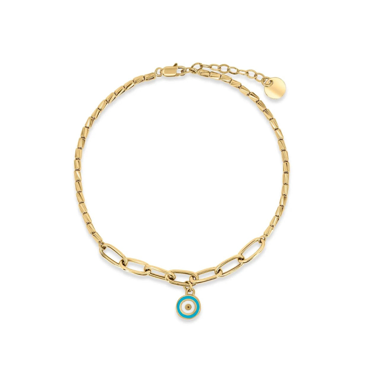 Gold chain bracelet with a blue evil eye charm on a white background