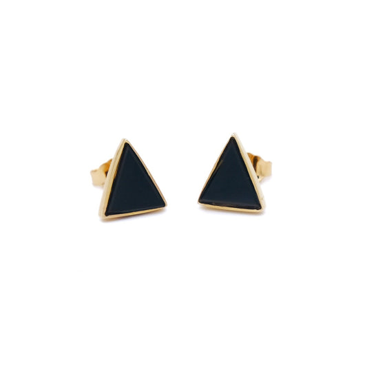 Pair of triangle-shaped earrings with black stones on a white background