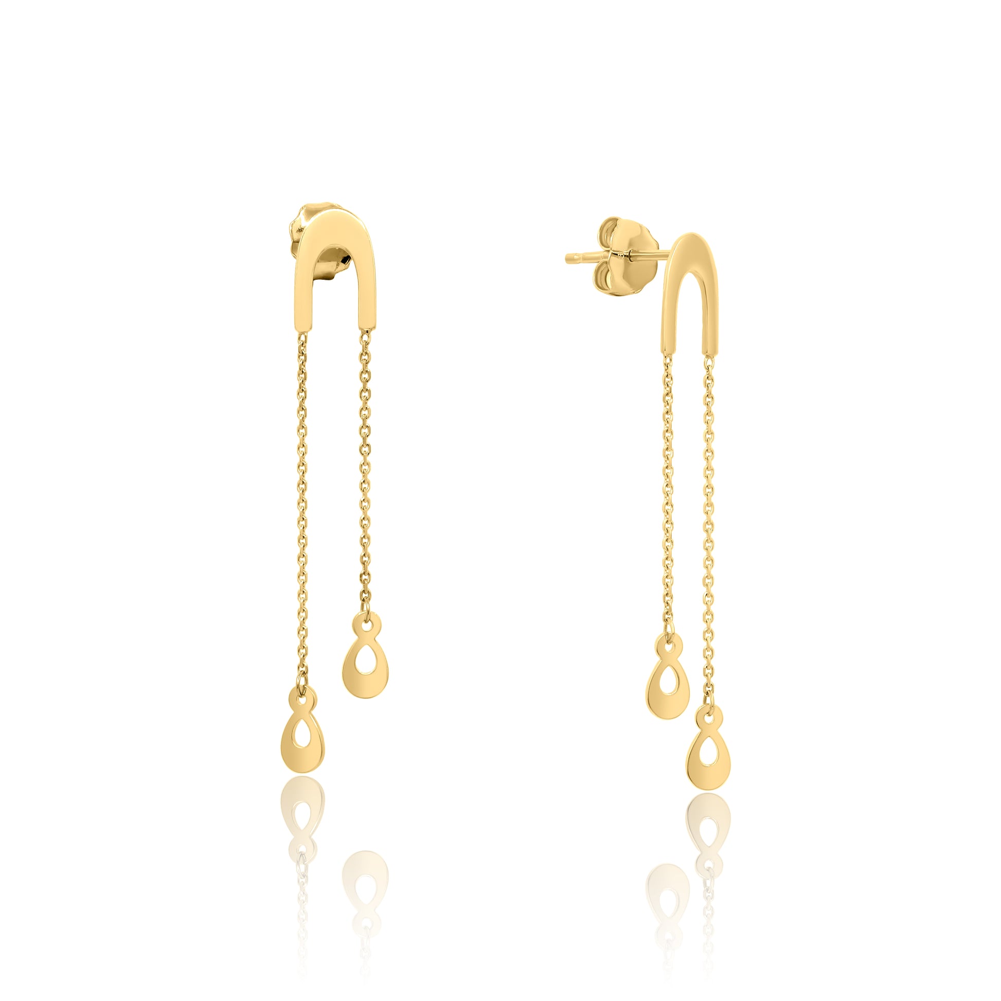 Gold earrings with chain and teardrop designs on a white background