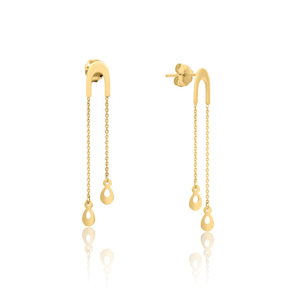 Gold earrings with chain and teardrop designs on a white background