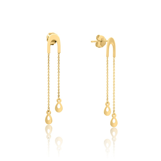 Gold earrings with chain and teardrop designs on a white background