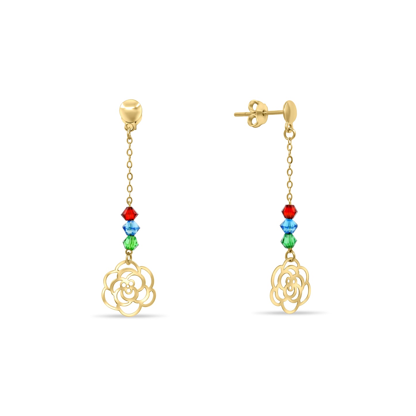 Gold earrings with colorful beads on a white background