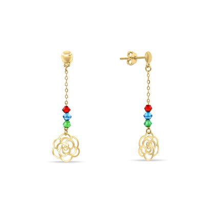 Gold earrings with colorful beads on a white background