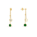Gold earrings with green and white stones on a white background