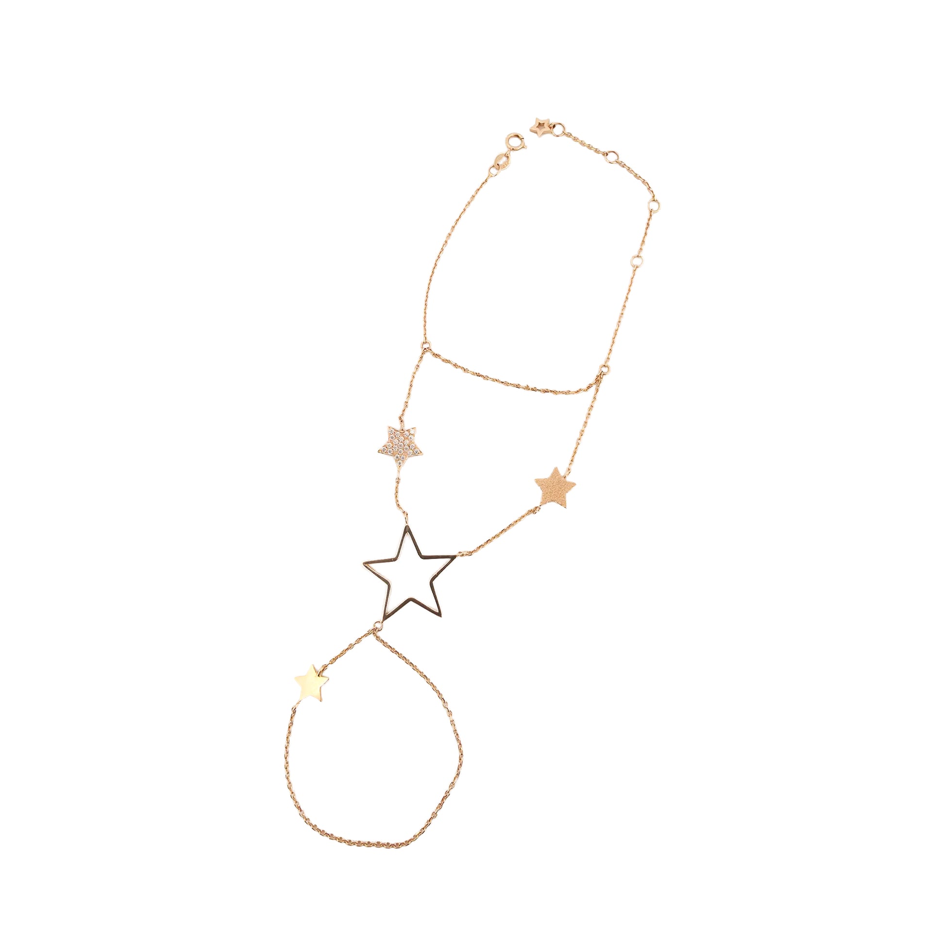 Gold hand chain with star-shaped pendants on a white background