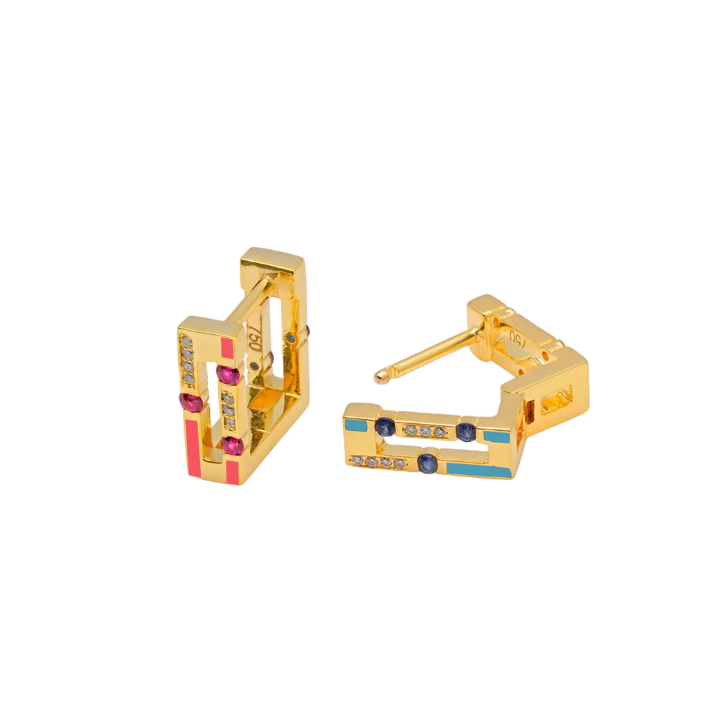 Gold hoop earrings with colorful gemstones on a white background