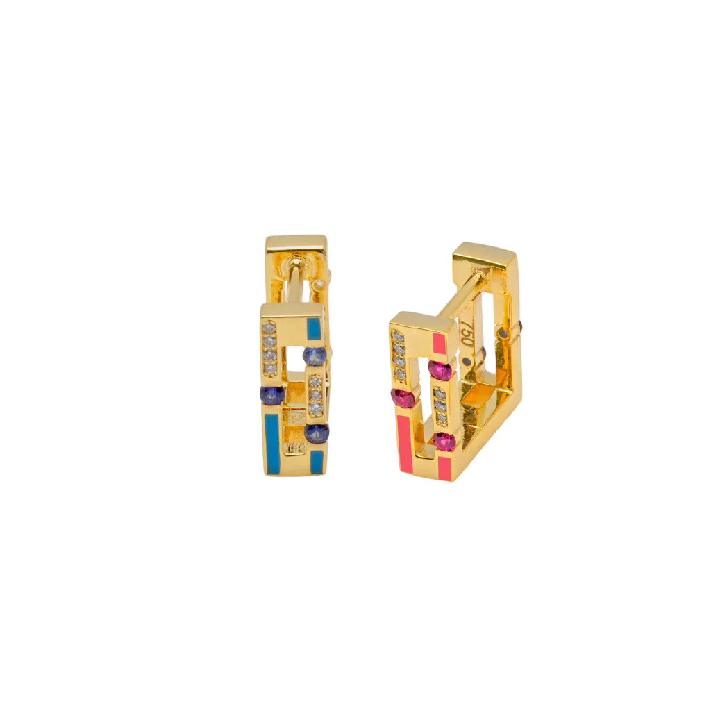 Gold hoop earrings with colorful gemstones on a white background