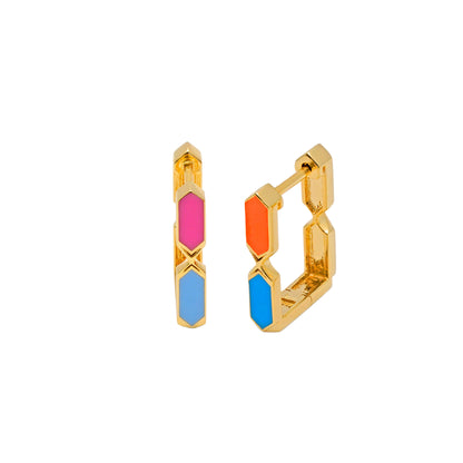 Gold hoop earrings with colorful geometric designs on a white background