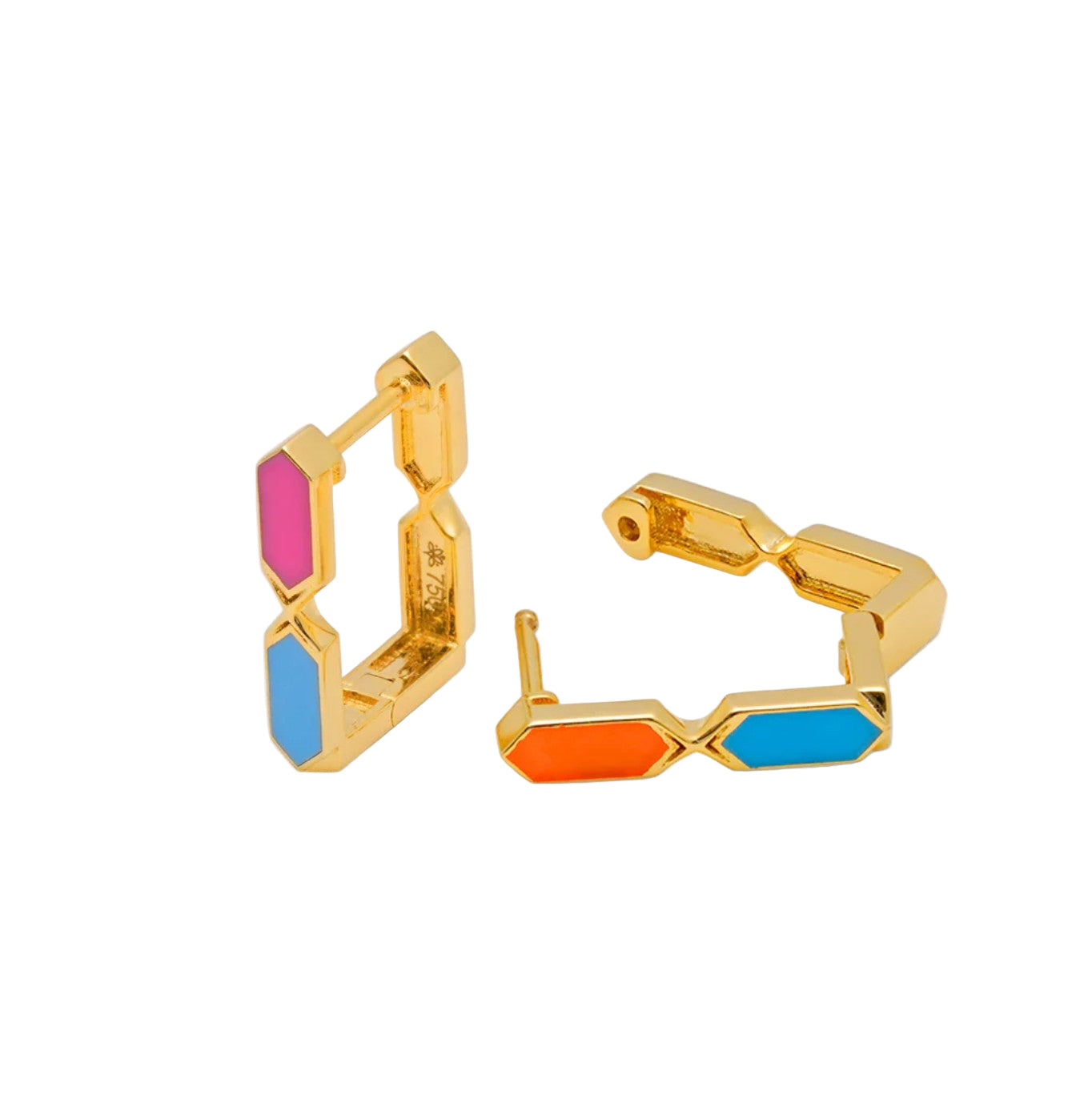 Gold hoop earrings with colorful hexagonal accents on a white background