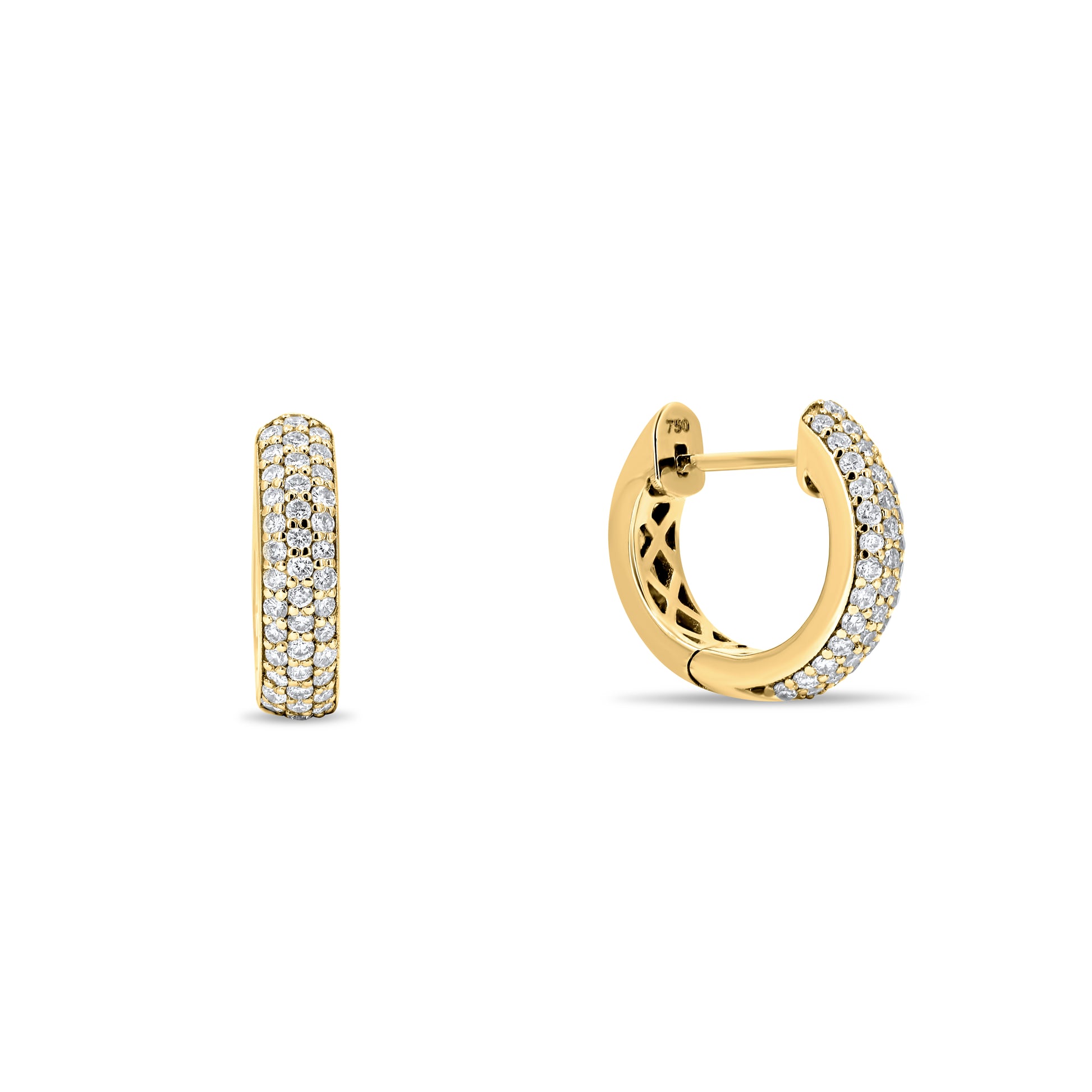 Gold hoop earrings with diamond accents on a white background