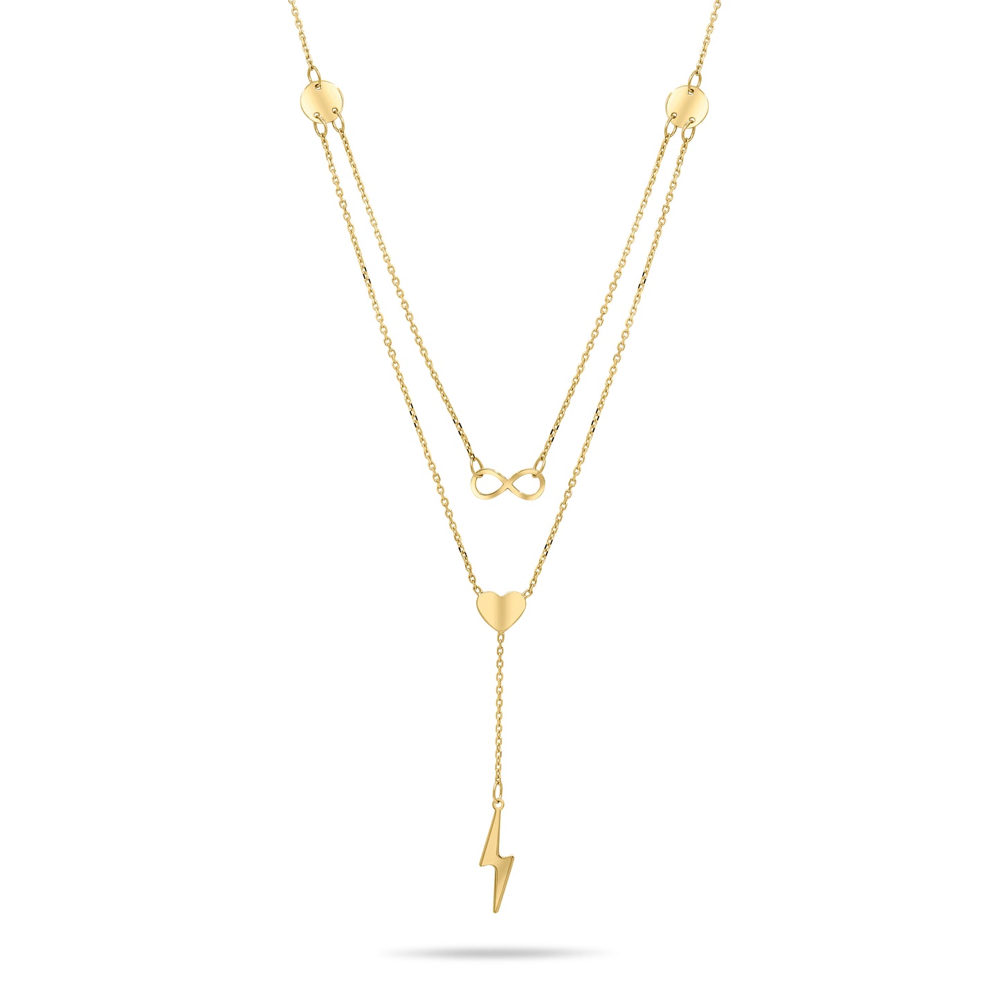 Gold necklace with a lightning bolt pendant on a white background
