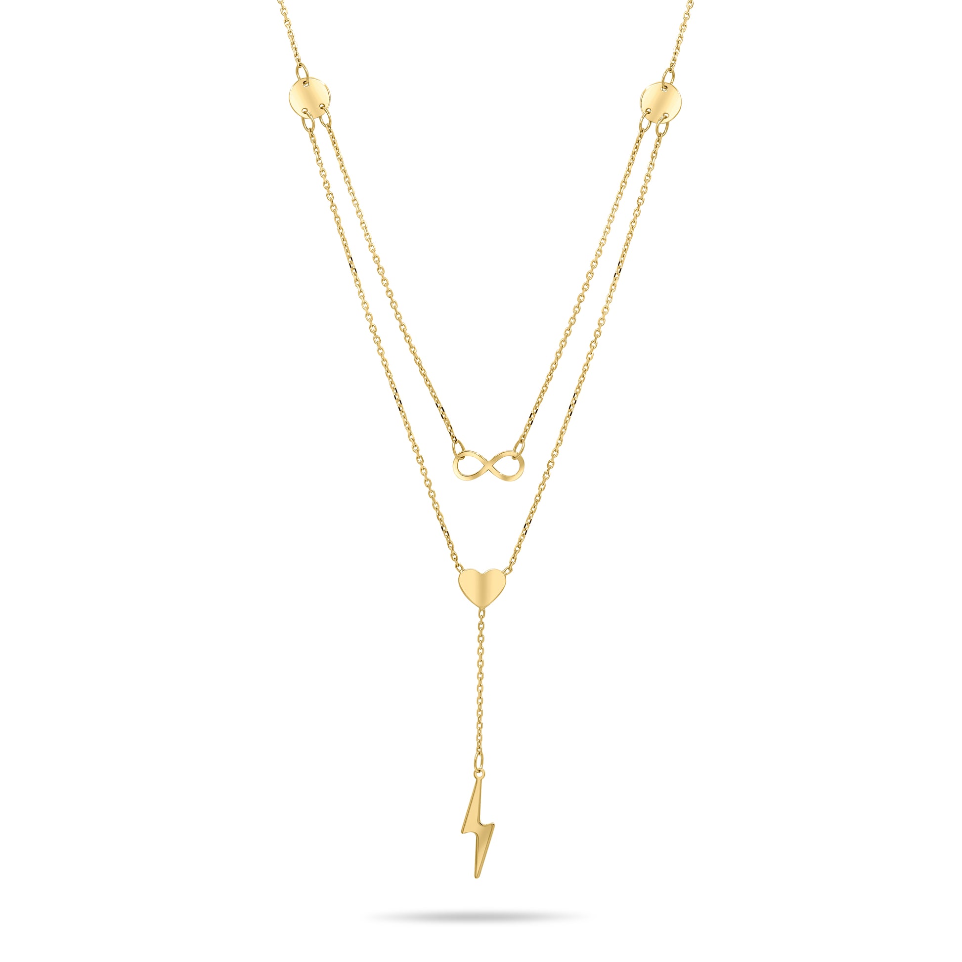 Gold necklace with a lightning bolt pendant on a white background