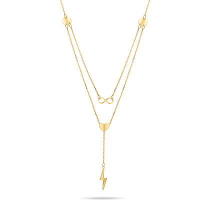 Gold necklace with a lightning bolt pendant on a white background