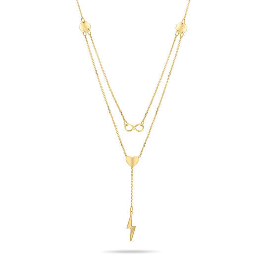 Gold necklace with a lightning bolt pendant on a white background