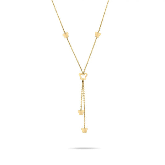 Gold necklace with heart-shaped pendants on a white background