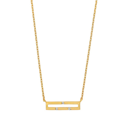 Gold necklace with a horizontal bar pendant on a white background