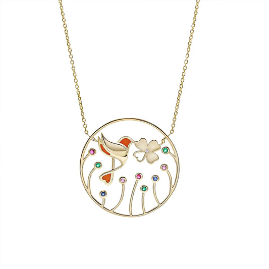 Gold necklace with a circular pendant featuring a bird and flower design on a white background