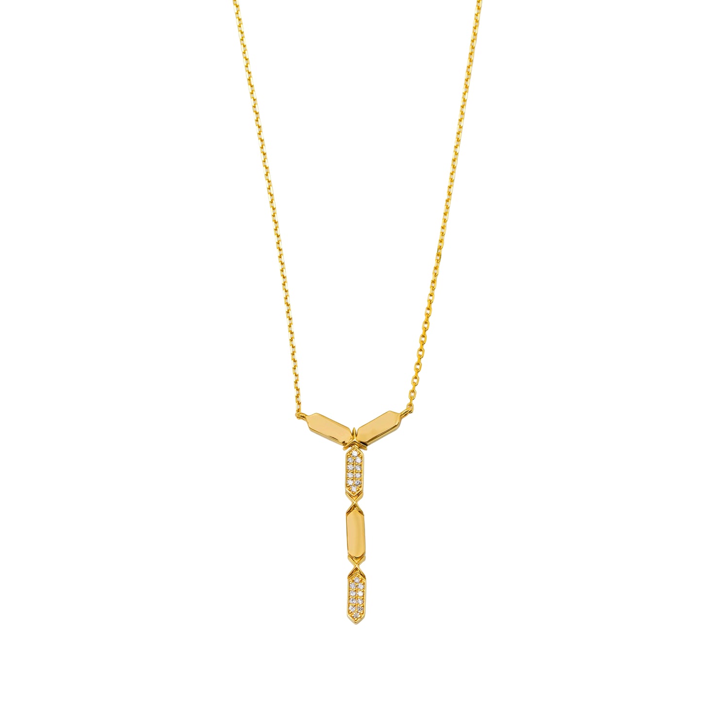 Gold necklace with a unique pendant on a white background