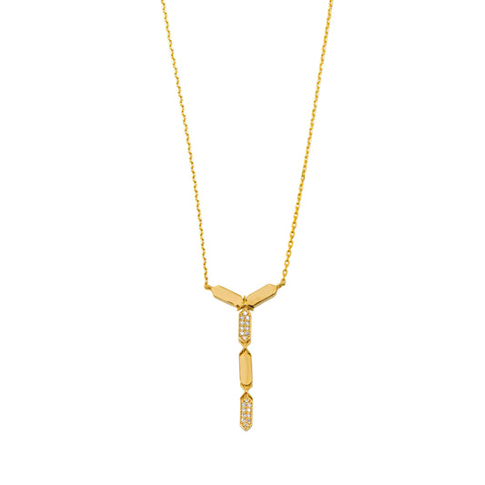 Gold necklace with a unique pendant on a white background