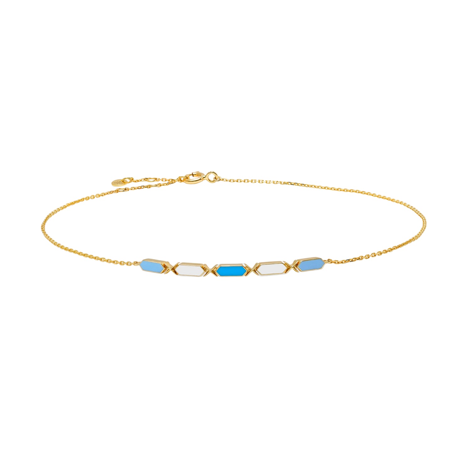 Gold necklace with blue and white gemstones on a white background