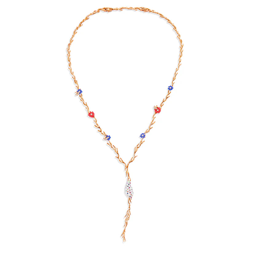 Gold necklace with colorful beads on a white background