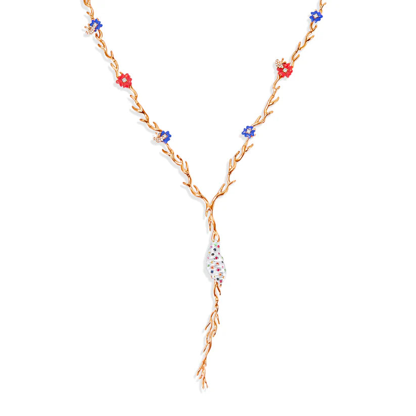 Gold necklace with colorful beads on a white background