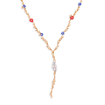 Gold necklace with colorful beads on a white background
