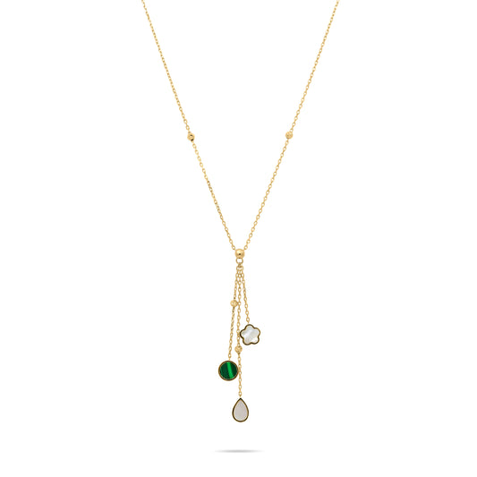 Gold necklace with green gemstone pendant on a white background