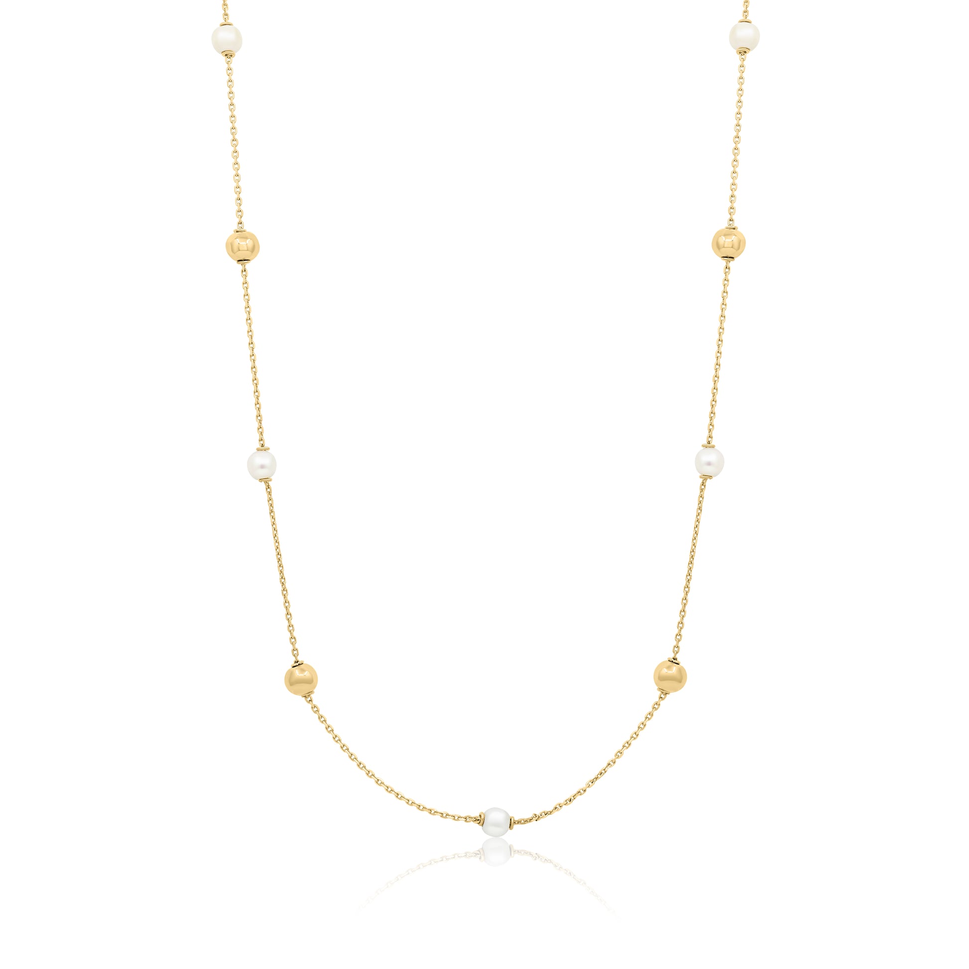Gold necklace with pearls on a white background
