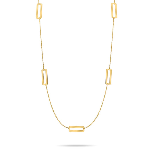 Gold necklace with rectangular pendants on a white background