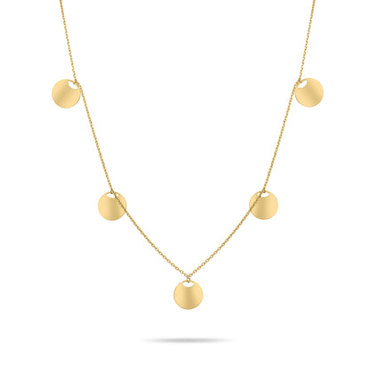 Gold necklace with round pendants on a white background