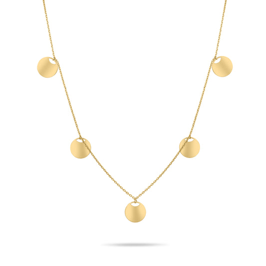 Gold necklace with round pendants on a white background
