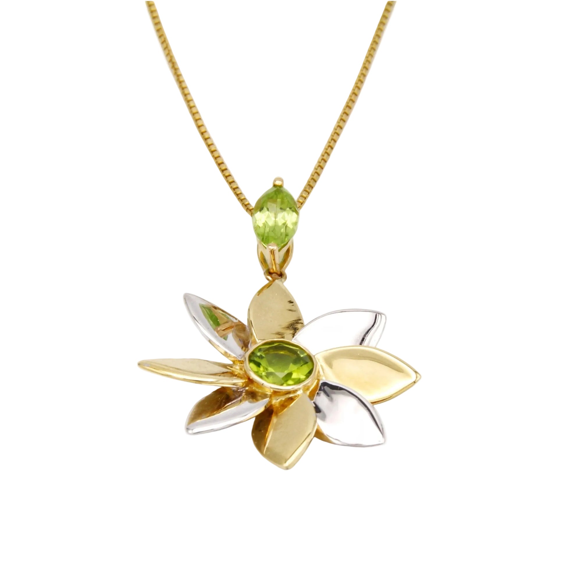 Yellow and white gold pendant with green gemstones on a white background