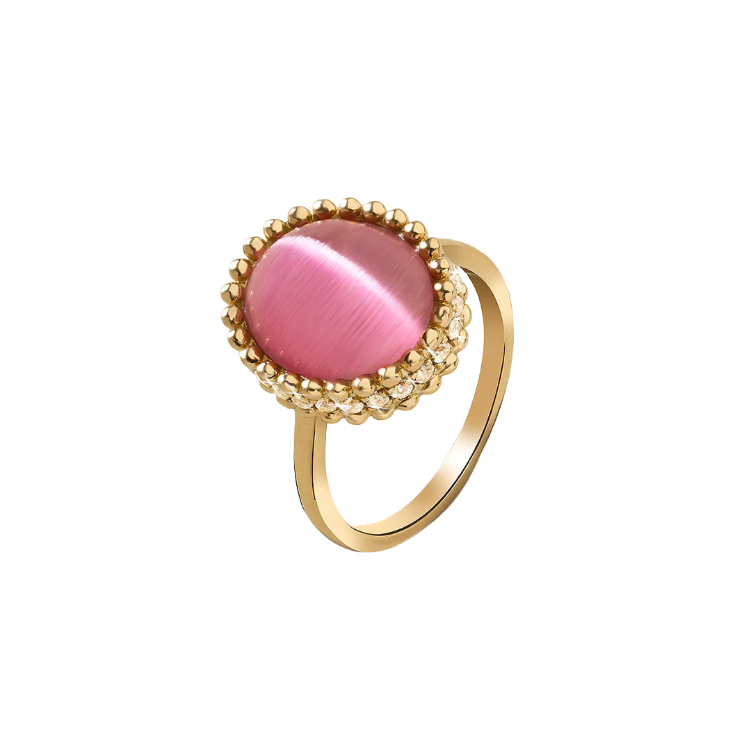 Gold ring with a pink gemstone on a white background