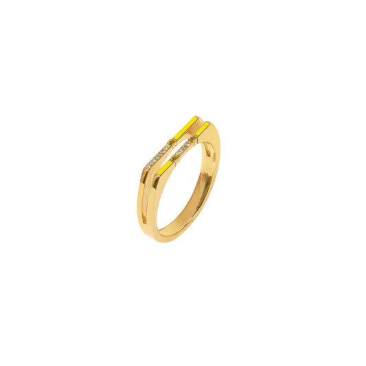 Gold ring with a yellow center and small diamonds on a white background