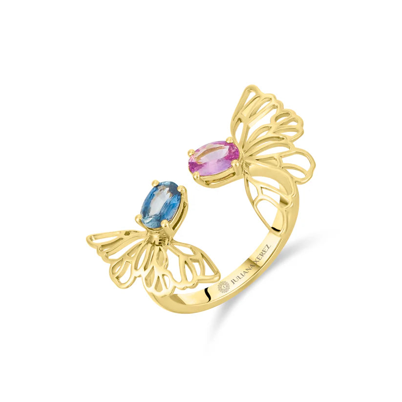 Gold ring with gemstones on a white background