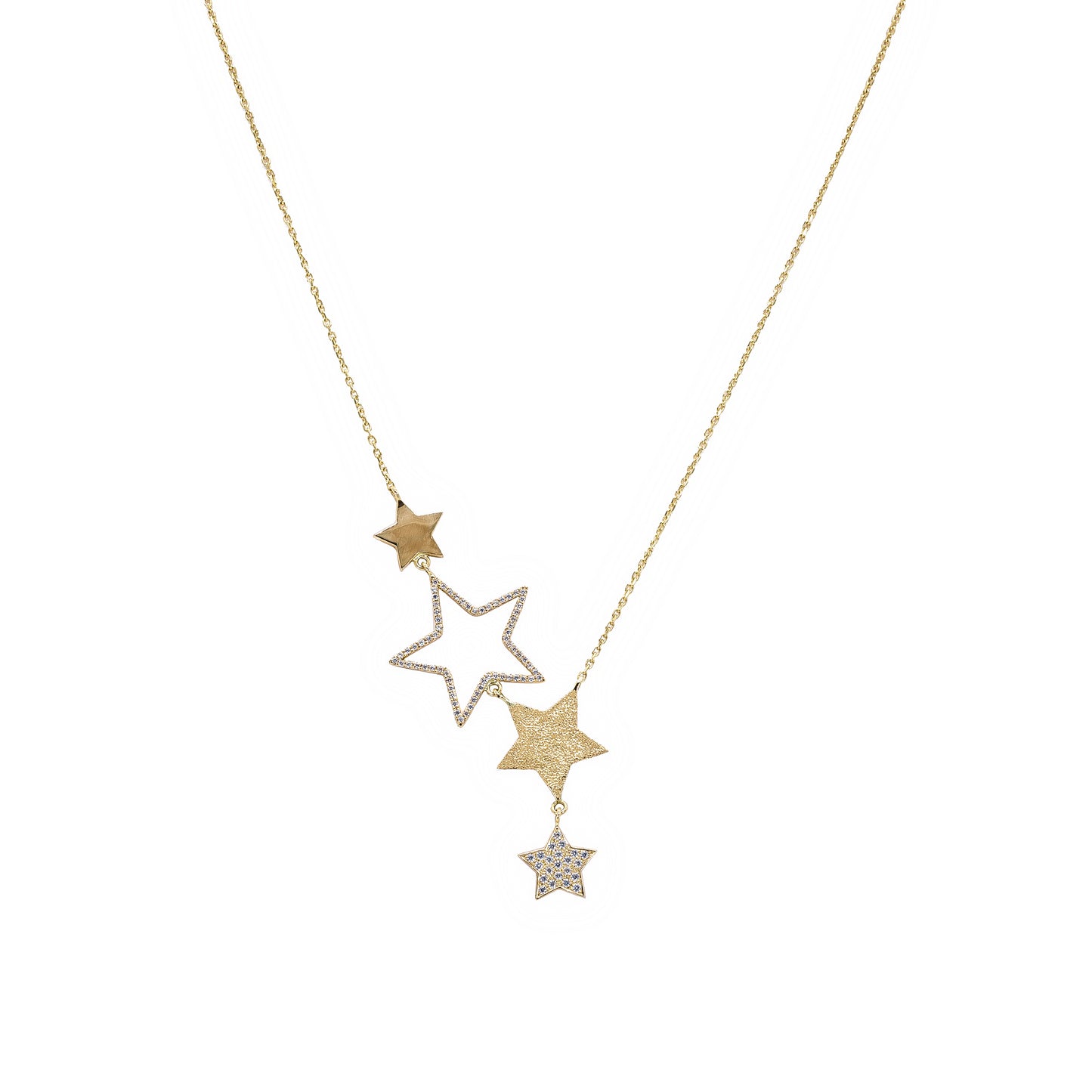 Gold star-shaped necklace with a small diamond pendant on a white background