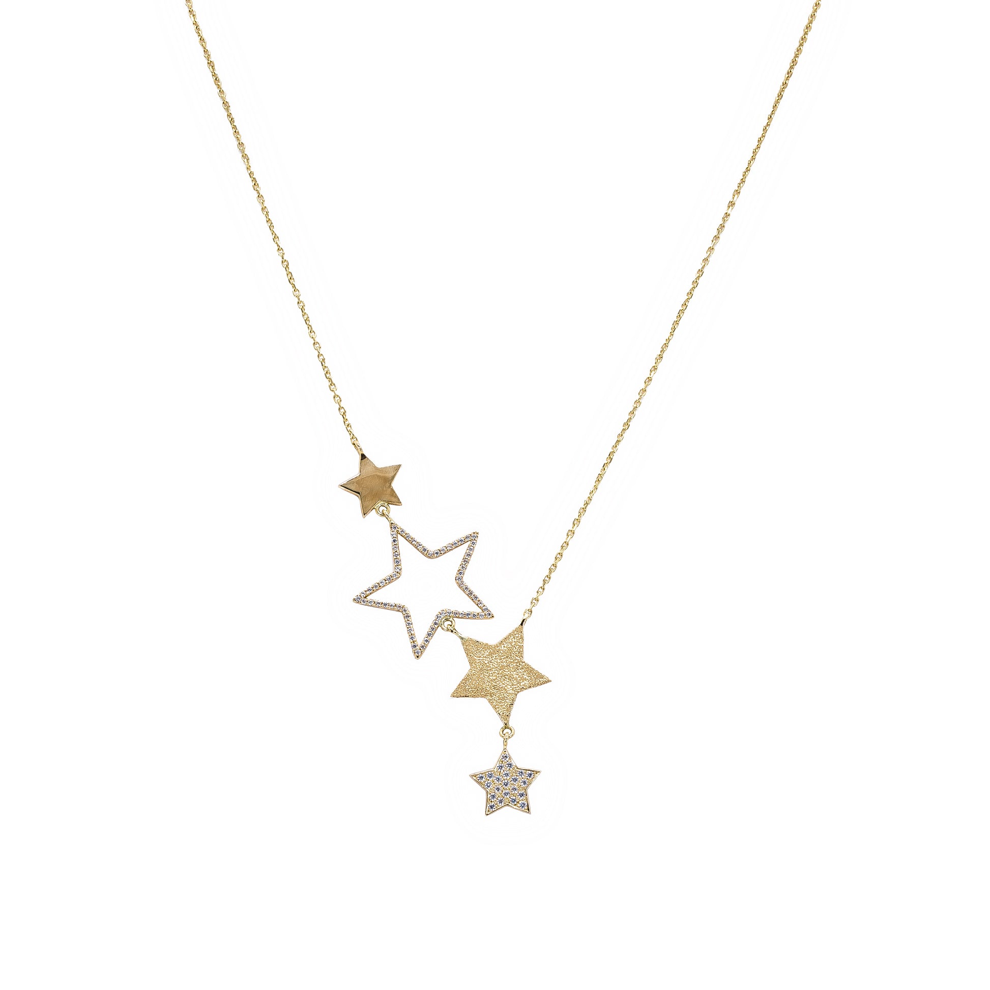 Gold star-shaped necklace with a small diamond pendant on a white background