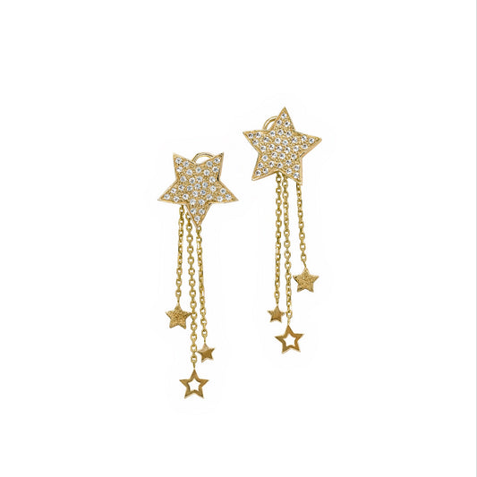Gold star earrings with chain drops on a white background