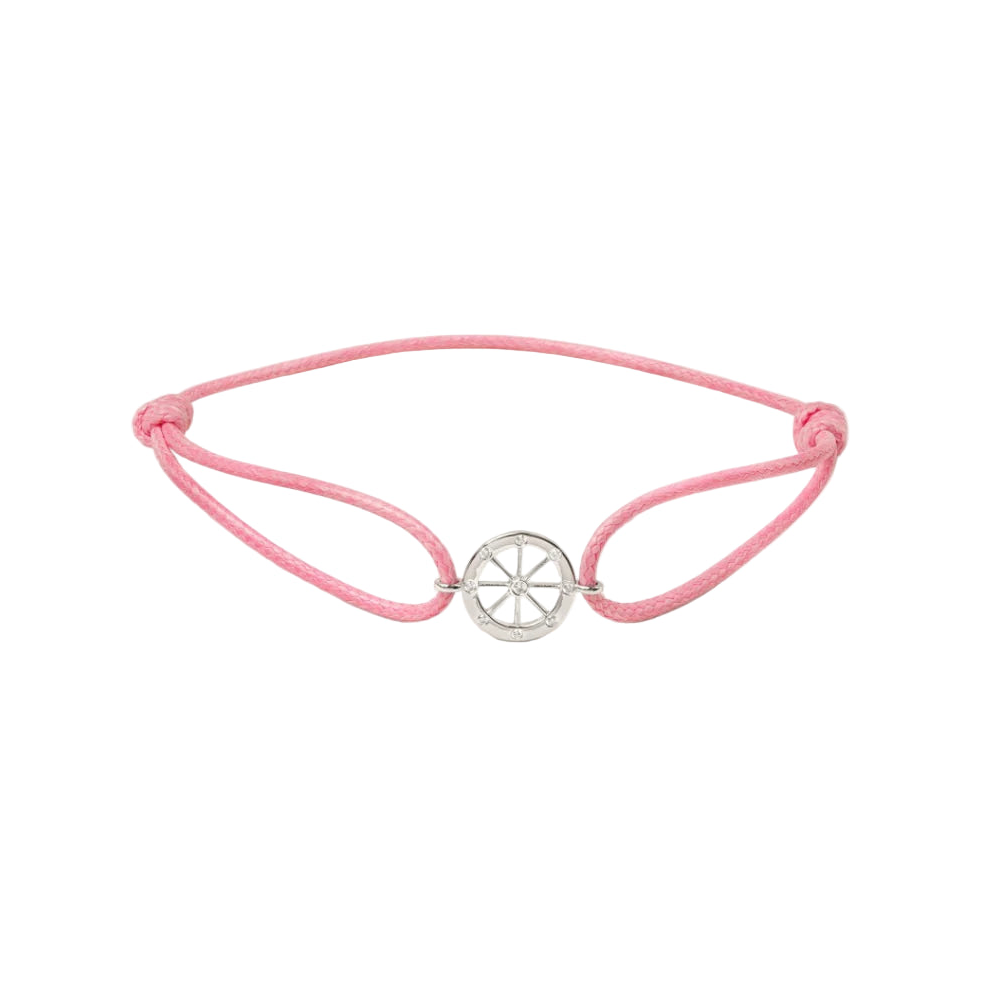 Pink bracelet with a white gold charm on a white background