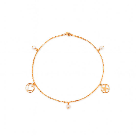 Gold bracelet with heart and peace symbol charms on a white background
