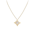 Gold necklace with a diamond pendant on a white background