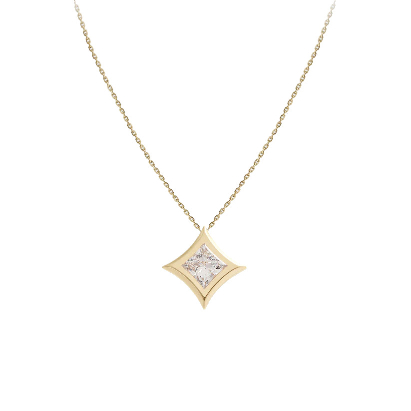 Gold necklace with a diamond pendant on a white background
