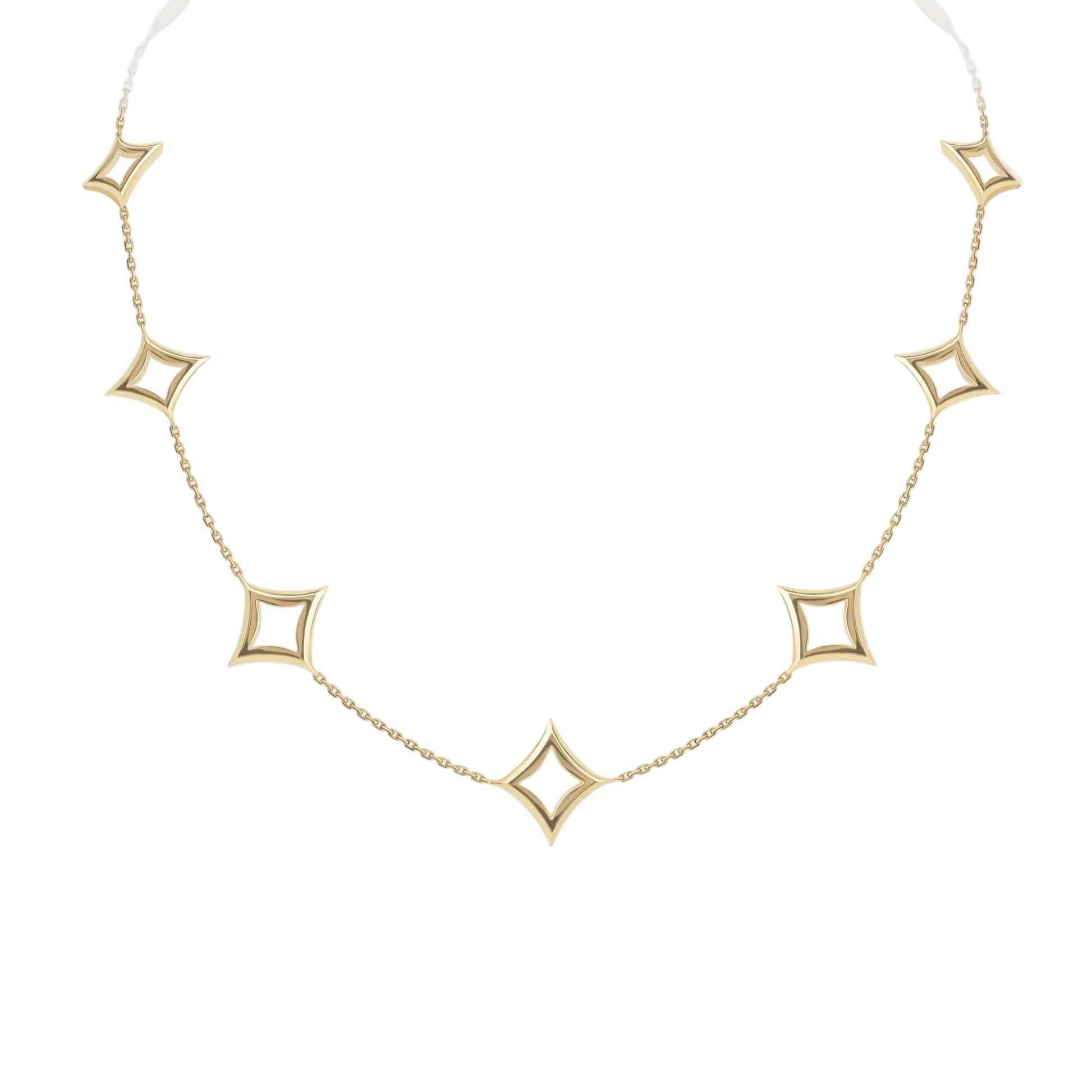 Gold necklace with star-shaped pendants on a light gray background